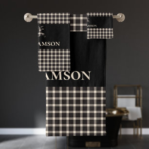 Rustic Plaid Monogram Deer Black Cream White Bath Towel Set