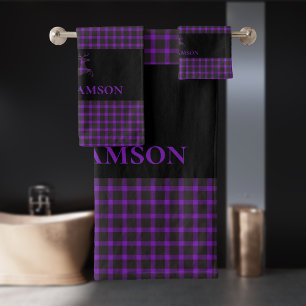 Rustic Plaid Monogram Deer Black Purple Bath Towel Set
