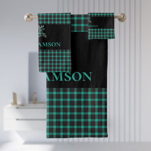 Rustic Plaid Monogram Deer Black Teal Green Bath Towel Set