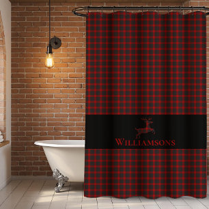 Rustic Plaid Monogram Deer   Buffalo Red Black Shower Curtain