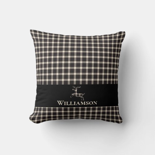 Rustic Plaid Monogram Deer  Cream White Black Throw Pillow