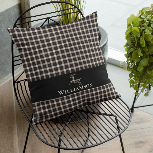Rustic Plaid Monogram Deer | Cream White Black Throw Pillow (Creator Uploaded)