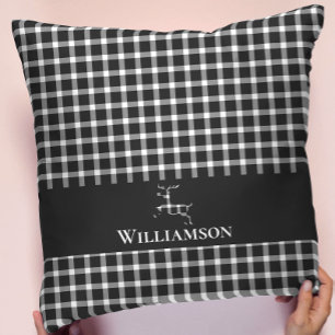 Rustic Plaid Monogram Deer   White Black Throw Pillow