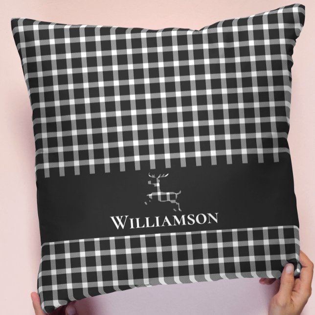 Rustic Plaid Monogram Deer | White Black Throw Pillow (Creator Uploaded)