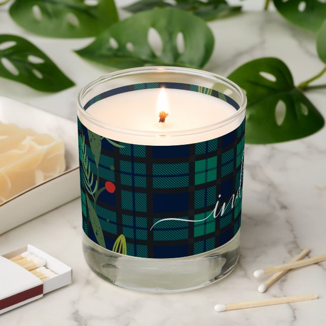 Rustic Plaid Monogram Script Holiday Wreath Tartan Scented Candle (Lit)