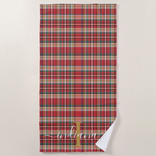 Rustic Plaid Monogram Script Name Red Vacation Beach Towel (Front)