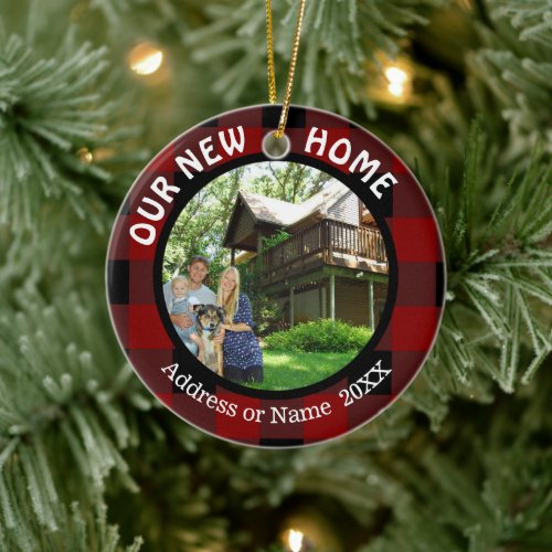Rustic Plaid OUR NEW HOME or Other Text 2 Photo Ceramic Ornament
