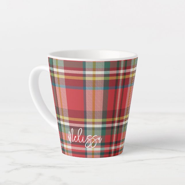 Rustic Plaid Personalized Script Christmas Latte Mug (Left Angle)