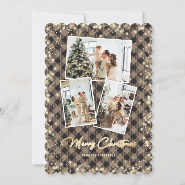 Rustic Plaid Photo Collage Merry Christmas Holiday Card (Front)