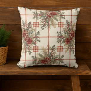 Rustic Plaid Pinecone Pattern Throw Pillow