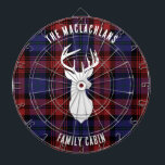 Rustic Plaid Purple Family Name Tartan Custom Dart Board<br><div class="desc">Elevate your home's entrance with our charming custom Dart Board, blending rustic charm and personalized elegance. This eye-catching design features a classic tartan plaid, evoking warmth and tradition, while a majestic deer antlers silhouette adds a touch of woodland whimsy. The dart board's crowning feature is a customizable space for your...</div>