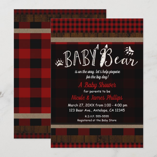 Rustic Plaid Red Baby Bear Baby Shower Unisex Invitation (Front/Back)