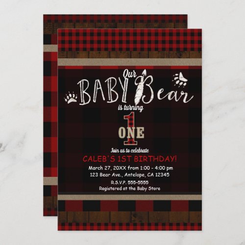 Rustic Plaid Red Baby Bear One 1st Birthday Party Invitation