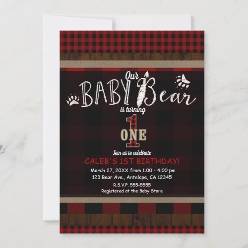Rustic Plaid Red Baby Bear One 1st Birthday Party Invitation