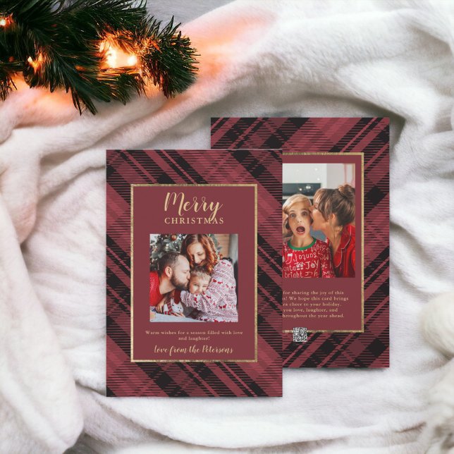 Rustic Plaid Red Gold Merry Christmas 2 Photos Holiday Card (Rustic Plaid Red Gold Merry Christmas 2 Photos Holiday Card)