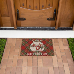 Rustic Plaid Red Green Stewart Tartan Beach House Fiber Doormat