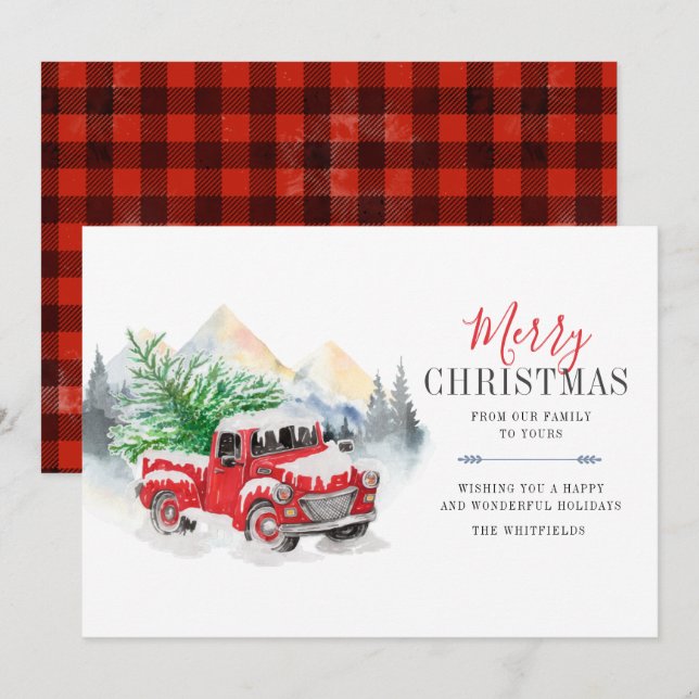 Rustic Plaid Red Truck Christmas Holiday Card (Front/Back)