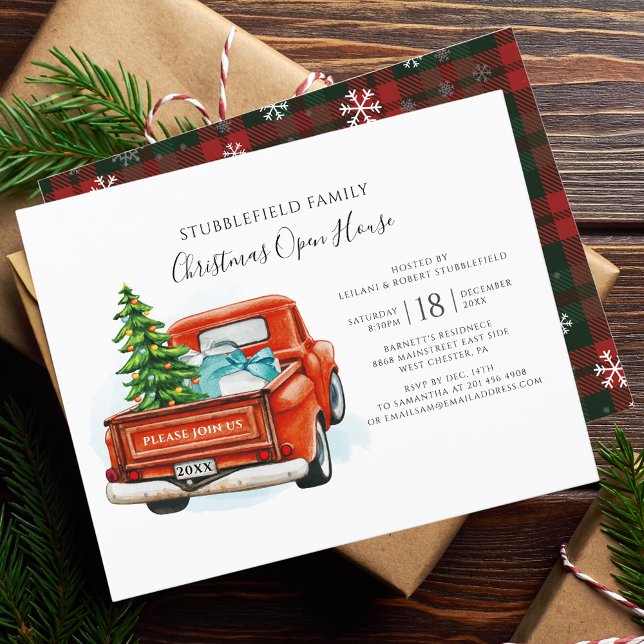 Rustic Plaid Red Truck Christmas Party Invitation (Rustic Plaid Snowflakes Vintage Red Truck Christmas Party Invitation)
