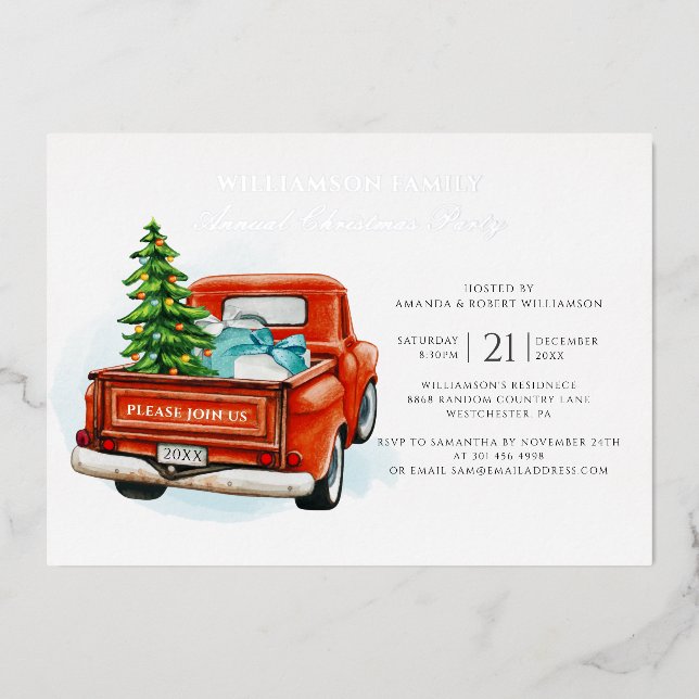 Rustic Plaid Red Truck Christmas Party Silver Foil Invitation (Front)
