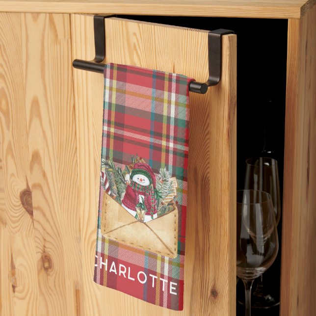 Rustic Plaid Script Christmas Holidays Custom Kitchen Towel (Thirds Fold)