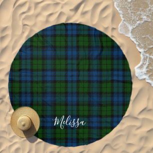 Rustic Plaid Script Green and Blue Tartan Beach Towel