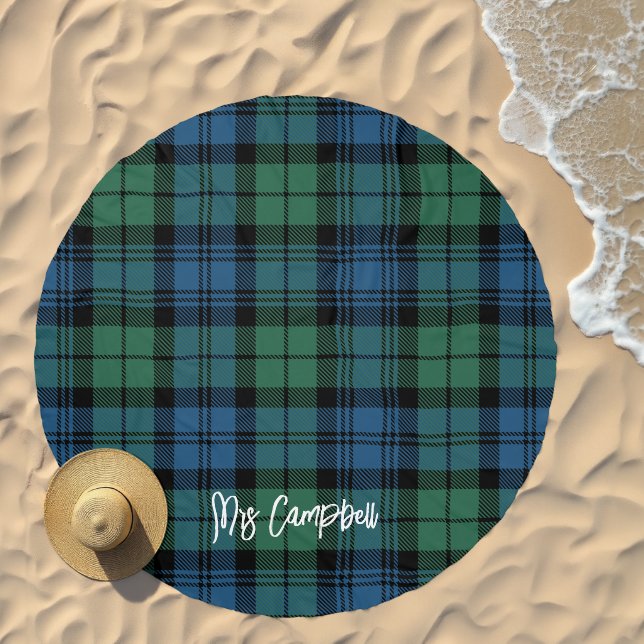 Rustic Plaid Script Green Highland Tartan Custom Beach Towel (Beach)