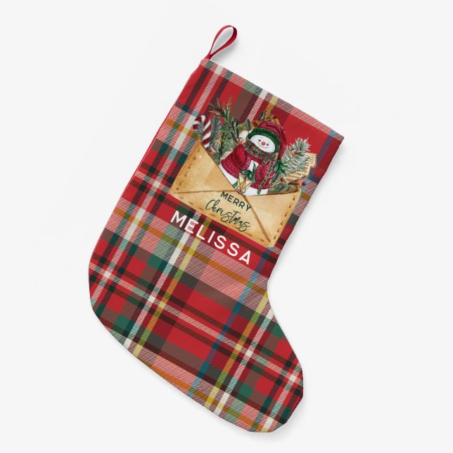 Rustic Plaid Script Holidays Personalized Small Christmas Stocking (Front (Hanging))