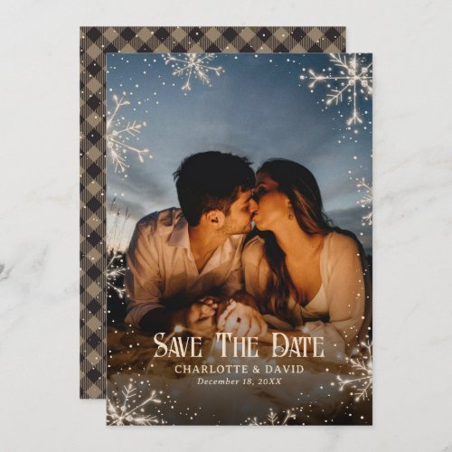 Rustic Plaid Snow Snowflakes Winter Photo Wedding Save The Date