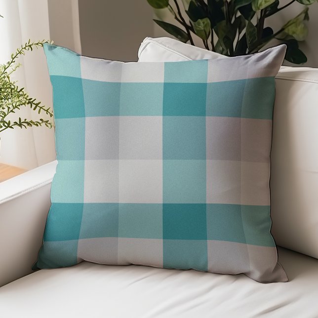 Rustic Plaid Turquoise Gray Beige Throw Pillow (Creator Uploaded)