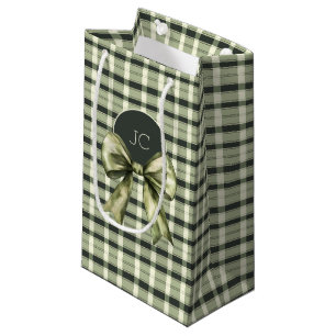 Rustic Plaid Watercolor Bow Modern Green Monogram Small Gift Bag