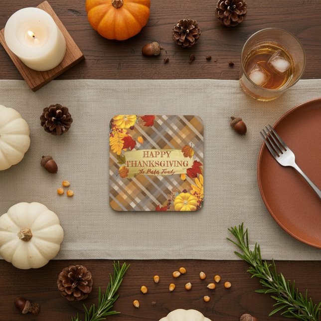 Rustic Plaid Watercolor Pumpkin Fall Thanksgiving Square Paper Coaster (Creator Uploaded)