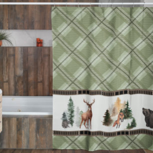 Rustic Plaid Watercolor Woodland Animal Cabin Shower Curtain