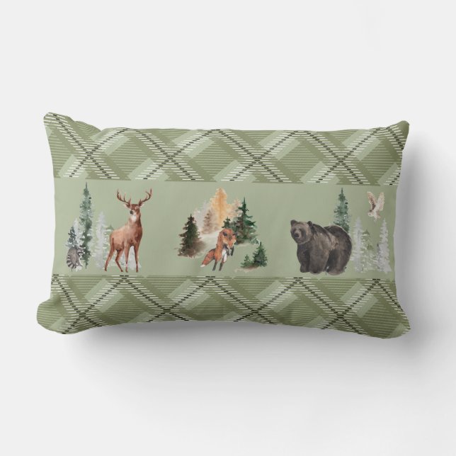 Rustic Plaid Watercolor Woodland Animal Forest Lumbar Pillow (Front)
