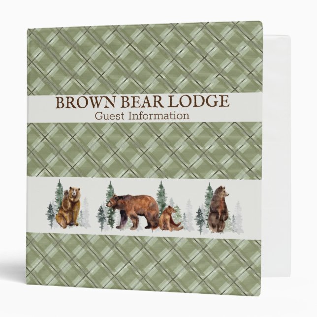 Rustic Plaid Woodland Bear Cabin Guest Information 3 Ring Binder (Front/Inside)