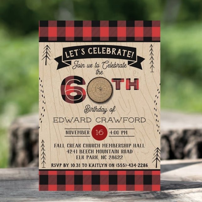 Rustic Plaid Woodsy Adult 60th Birthday Party Invitation (Creator Uploaded)