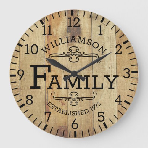 Rustic Plank Wood Anniversary Family Name Custom Large Clock