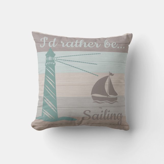 Rustic Planks Lighthouse Sailboat Compass Rose Throw Pillow (Front)