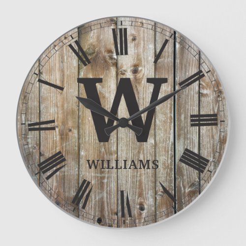 Rustic Planks Wood Custom Family Initial Farmhouse Large Clock