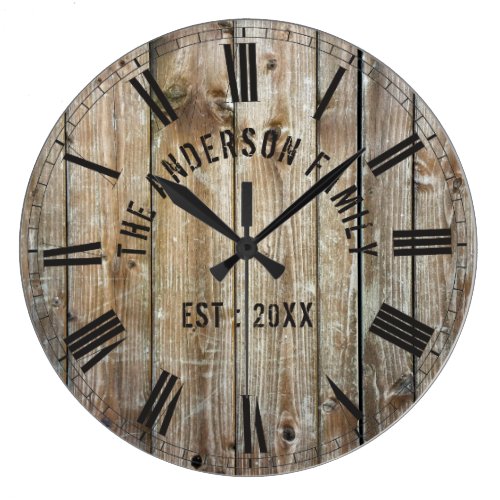 Rustic Planks Wood Custom Family Name Farmhouse Large Clock