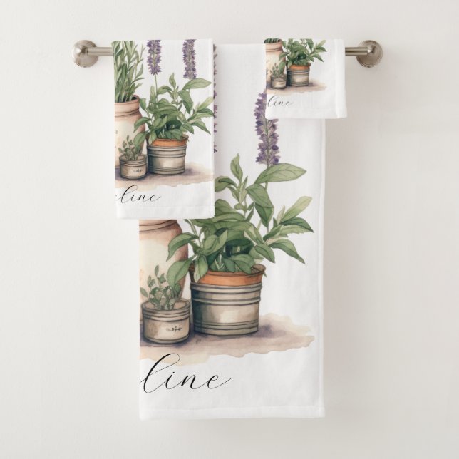 Rustic Plants Nature Watercolor Personalized Bath Towel Set (Insitu)