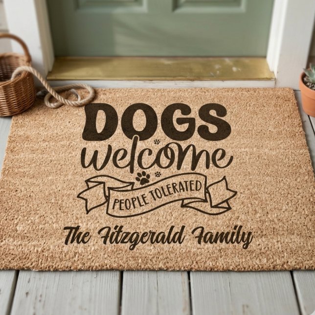 Rustic Playful Dog Parent Housewarming Gift Fiber Doormat (Dog lover welcome mat)