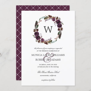 Rustic Plum   Autum Floral Wreath Monogram Wedding Invitation