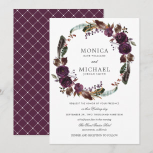 Rustic Plum Autumn Boho Floral Wreath wedding Invitation
