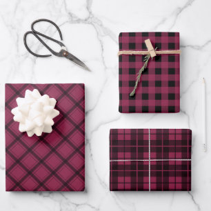 Rustic Plum Black Plaid Buffalo Check Mixed Patter Wrapping Paper Sheets
