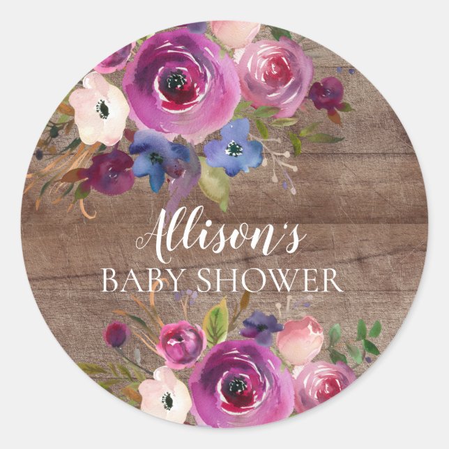 Rustic Plum Blue Floral Baby Shower Envelope Seal (Front)