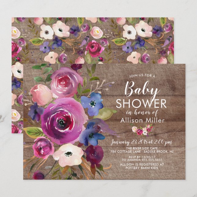 Rustic Plum Blue Floral BABY Shower Invitations (Front/Back)
