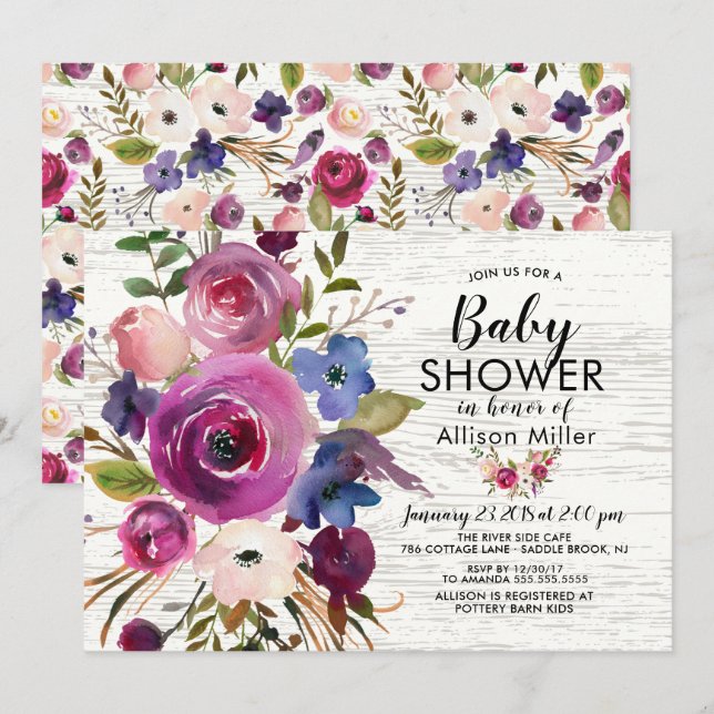 Rustic Plum Blue Floral BABY Shower Invitations (Front/Back)