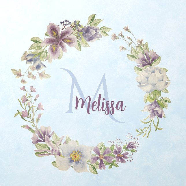 Rustic Plum & Blue Floral Monogrammed Wreath   Wall Decal (Insitu 1)