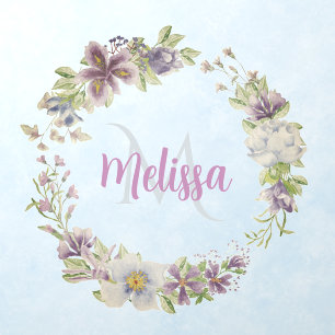 Rustic Plum & Blue Floral Monogrammed Wreath   Wall Decal