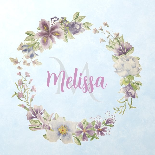 Rustic Plum & Blue Floral Monogrammed Wreath   Wall Decal (Insitu 1)